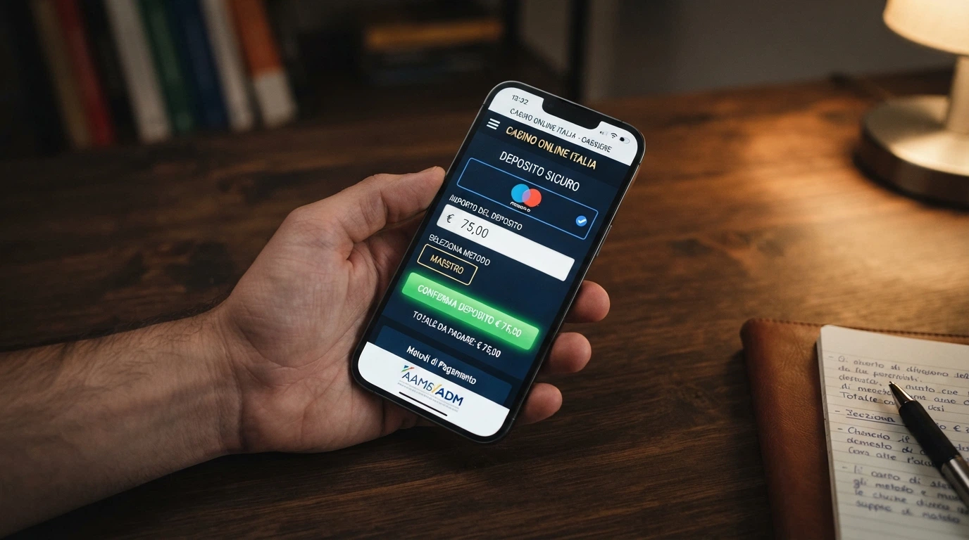 La pagina di cassa di un casinò online con l'opzione Maestro selezionata, un campo per l'importo del deposito compilato e il pulsante di conferma in evidenza.