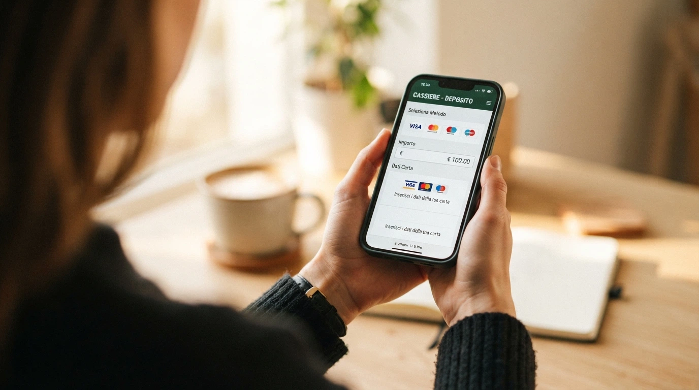La schermata di pagamento di un casinò online con il logo Nexi e i circuiti Visa e Mastercard visibili