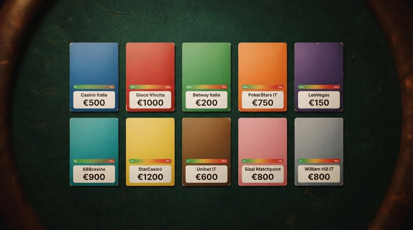 Dieci carte operatore disposte in griglia, ciascuna con il nome del casinò, la cifra del bonus senza deposito in evidenza e una barra colorata che indica il livello del requisito di puntata (dal verde del 5x al rosso del 65x).