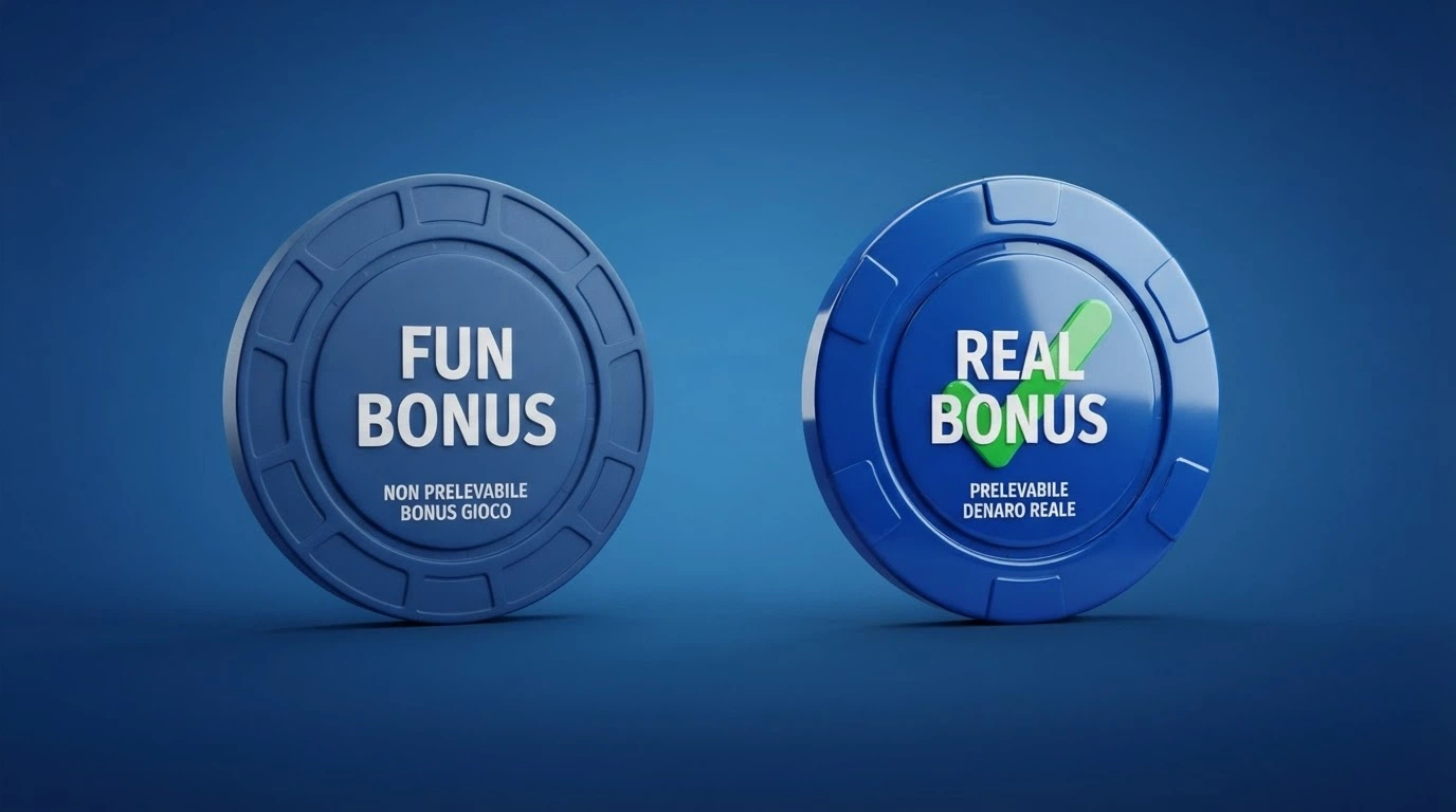 Schema visivo con due riquadri affiancati: a sinistra la scritta «Fun Bonus — saldo non prelevabile» con l'icona di un lucchetto, a destra «Real Bonus — saldo prelevabile» con l'icona di una spunta verde