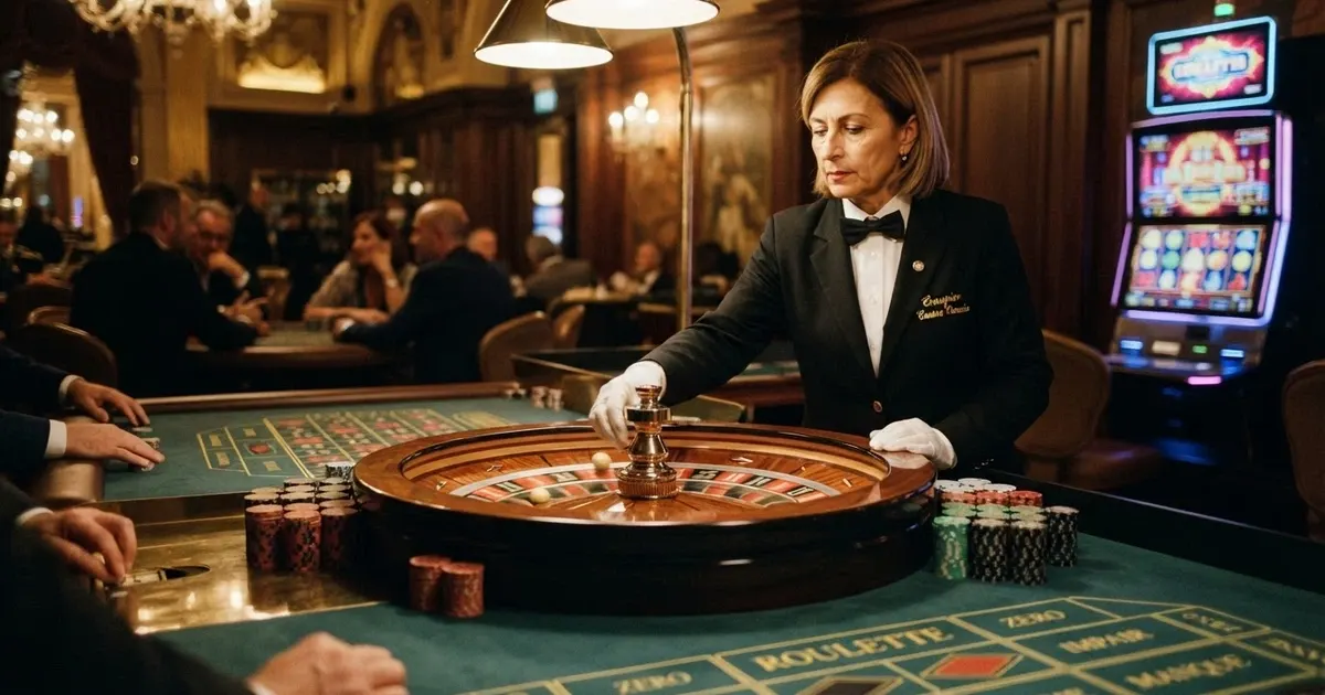 Un tavolo da roulette con fiches colorate, una slot machine luminosa sullo sfondo e un dealer che prepara il giro