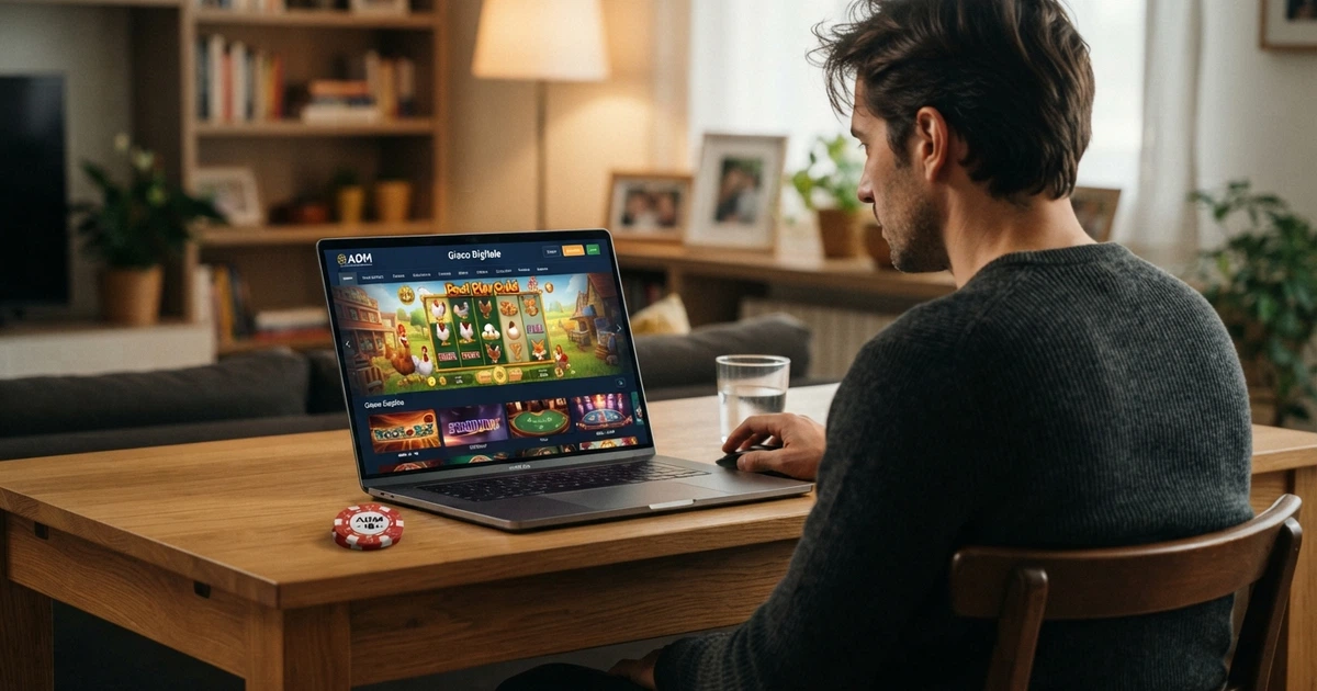Un giocatore seduto davanti allo schermo di un computer con la lobby di un casinò online aperta, slot e giochi da tavolo visibili nell'interfaccia