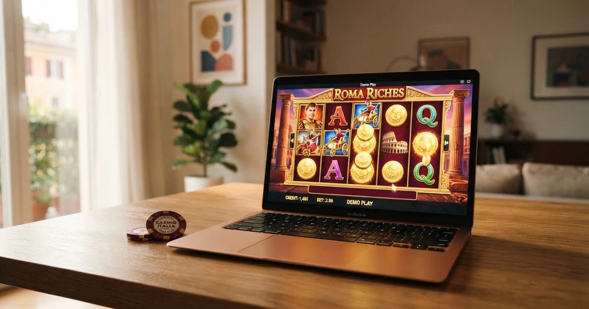 Una schermata di una slot machine online in modalità demo con crediti virtuali visibili e rulli in movimento su uno schermo di computer