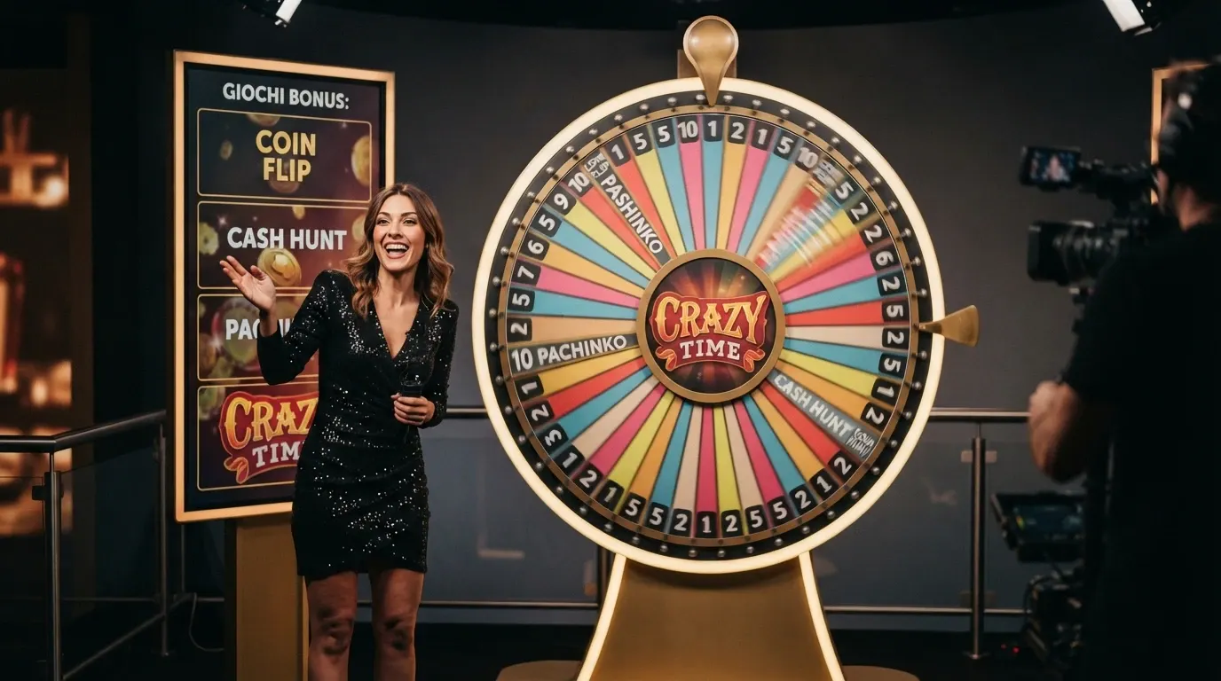 La ruota di Crazy Time di Evolution Gaming con il presentatore in studio, i segmenti colorati e i quattro round bonus visibili sull'interfaccia