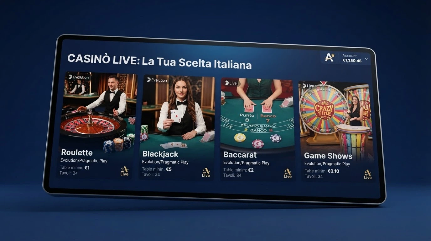 Una schermata di lobby casinò live con le anteprime dei tavoli: roulette, blackjack, baccarat e un game show live affiancati, con l'indicazione del croupier e dei posti disponibili