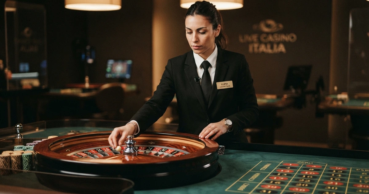Croupier dal vivo a un tavolo da roulette in un casinò online con licenza ADM