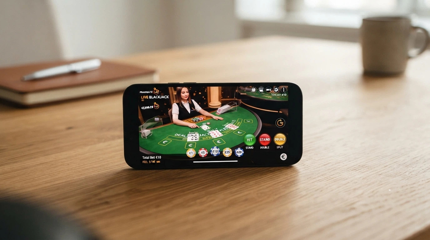 Smartphone che mostra l'interfaccia mobile di un tavolo blackjack live Pragmatic Play con layout touch e pulsanti delle puntate