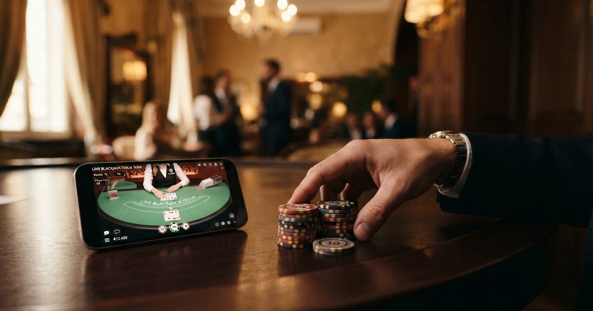 Un tavolo da gioco VIP in un casinò online, con fiches di valore elevato e un dealer inquadrato in primo piano sullo schermo di un dispositivo.