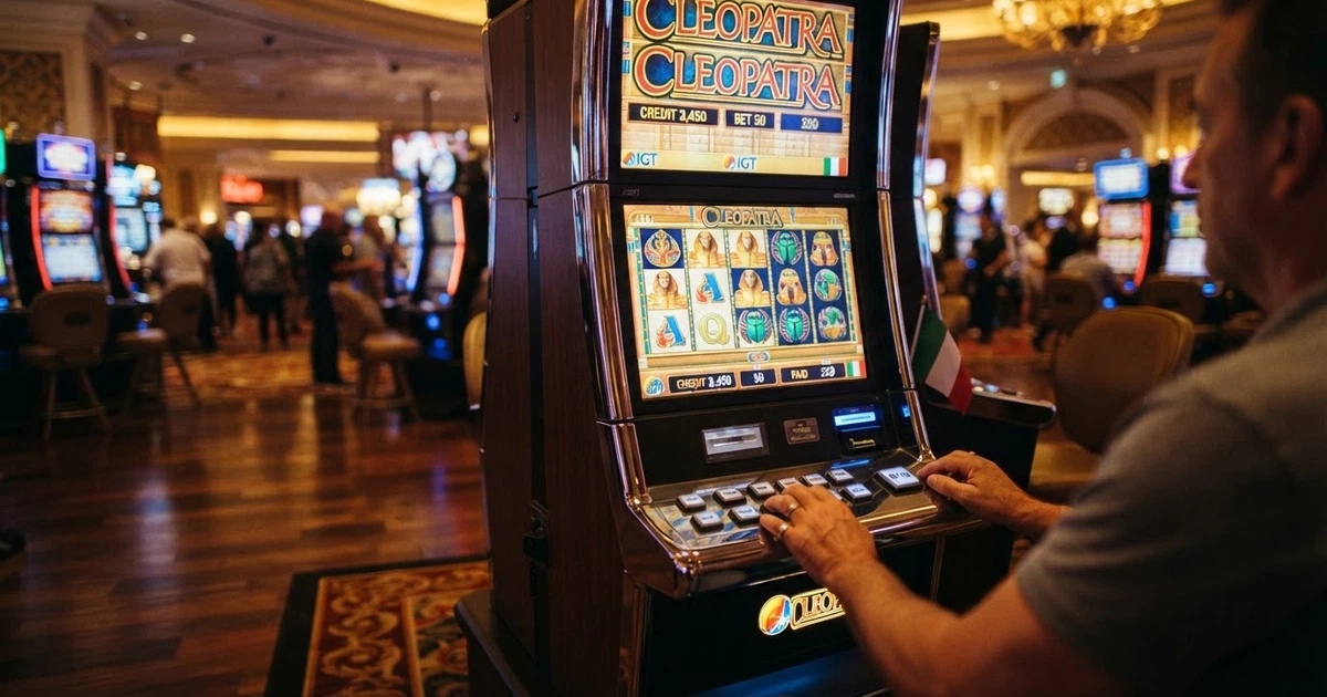 Logo IGT su sfondo con elementi di casinò digitale, slot machine e bandiera italiana