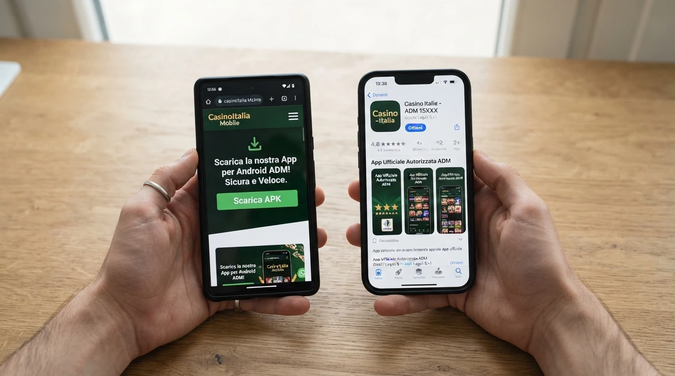 Sequenza di installazione di un'app casinò: schermata di download APK da sito ufficiale (Android) e schermata App Store (iPhone)