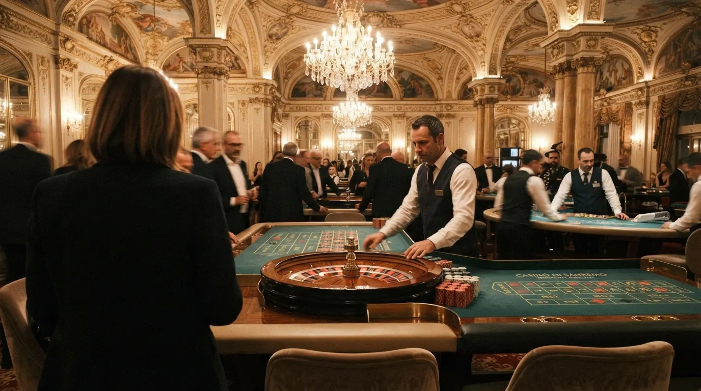 Sala da gioco interna del Casinò di Sanremo con lampadari, affreschi e tavoli da gioco in stile Liberty