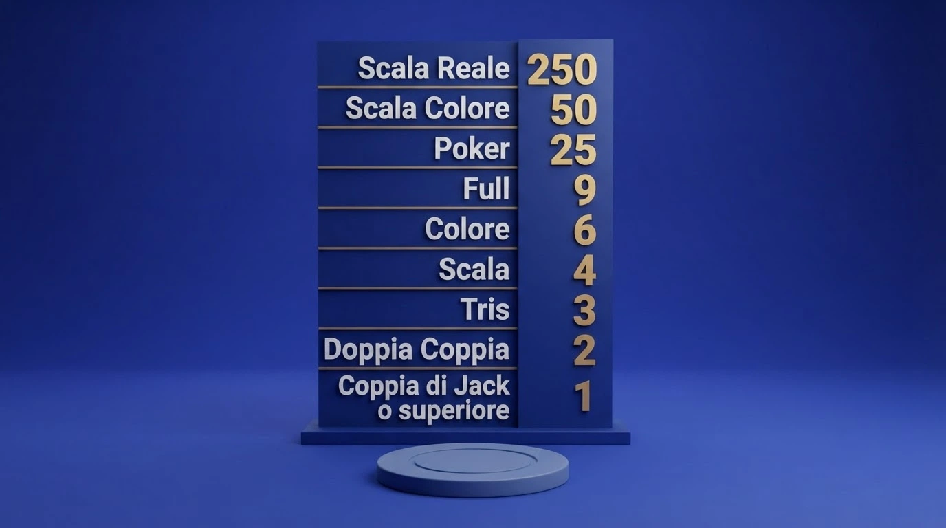 Una tabella pagamenti 9/6 di Jacks or Better con la scala dei payout dalla Scala Reale (250×) alla coppia di Jack (1×), affiancata al rullo di una slot machine