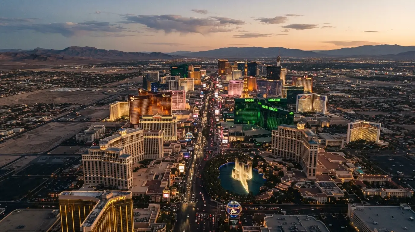 Veduta aerea della Las Vegas Strip con i principali resort e casinò allineati lungo il boulevard nel deserto del Mojave