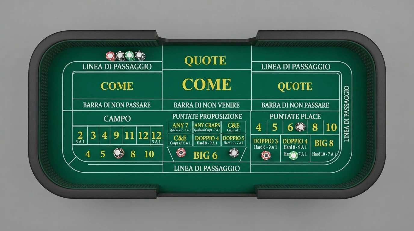 Schema dettagliato del layout di un tavolo da craps con le aree di puntata etichettate: Pass Line, Don't Pass, Come, Field e Proposition Bets