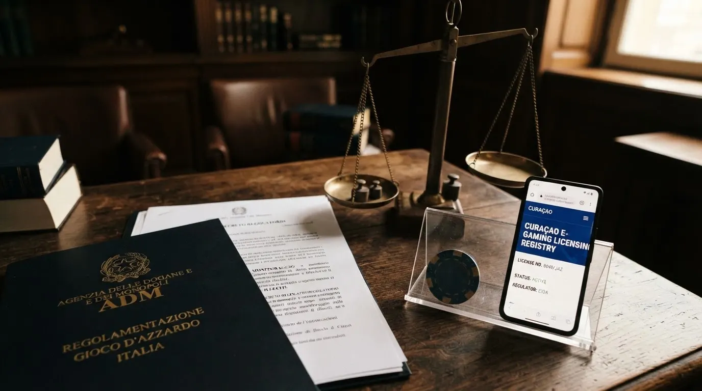 Il sigillo dell'Agenzia delle Dogane e dei Monopoli accanto alla mappa delle licenze Curaçao, con una bilancia che pende