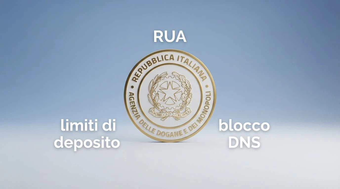 Il logo dell'Agenzia delle Dogane e dei Monopoli accanto alla dicitura «concessionario ADM», con una lista di tutele (RUA, limiti deposito, blocco DNS) in overlay