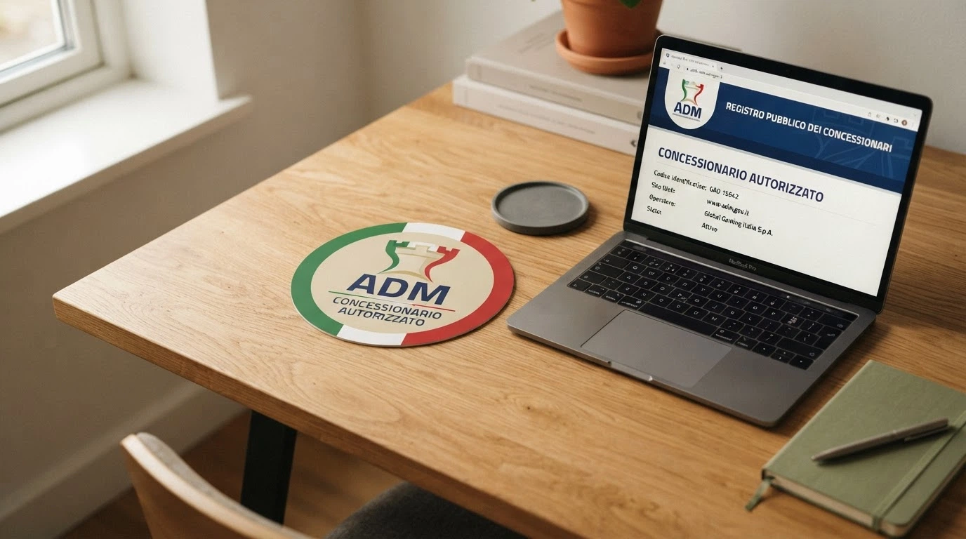 Il logo ufficiale ADM accanto alla dicitura «concessionario autorizzato» e alla schermata del registro online