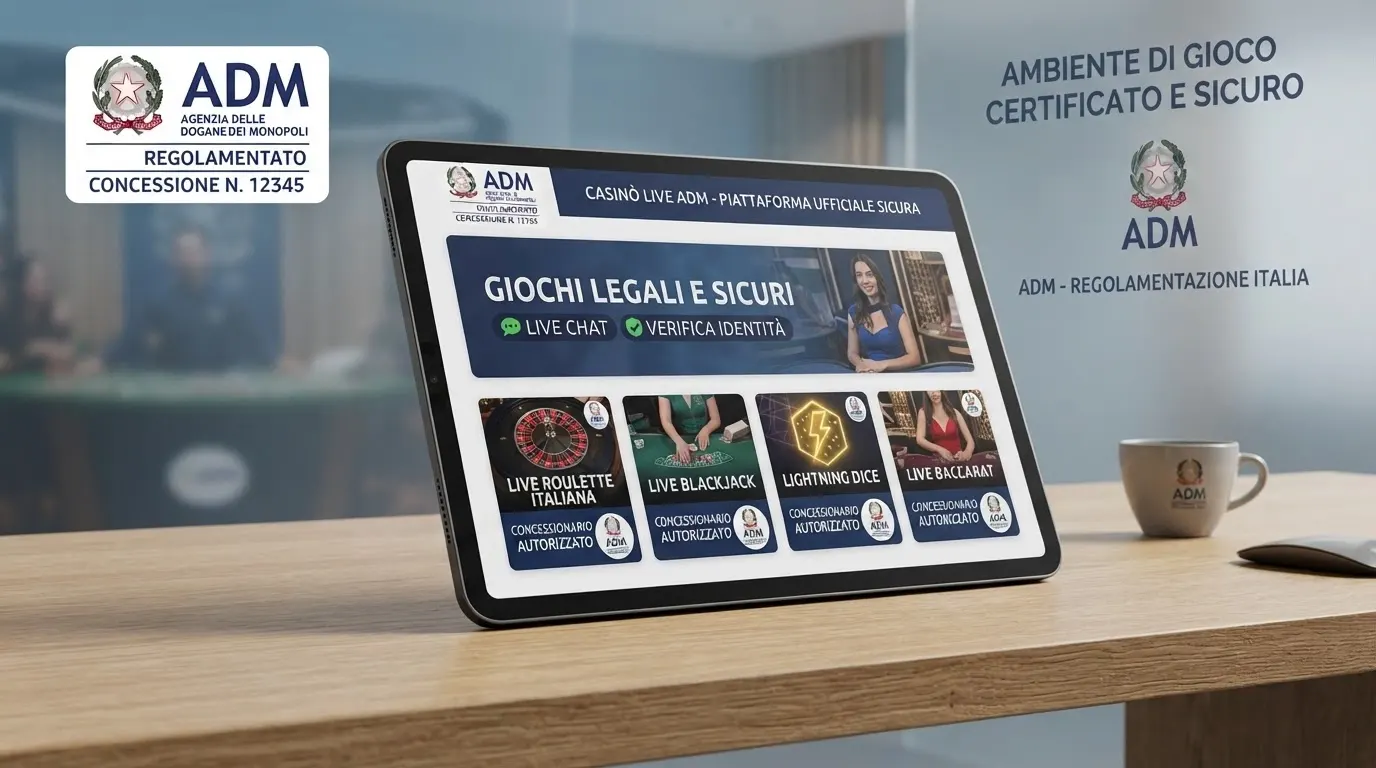 Il logo ufficiale dell'Agenzia delle Dogane e dei Monopoli accanto ai loghi dei concessionari autorizzati, su uno sfondo che richiama l'interfaccia di un casinò live regolamentato