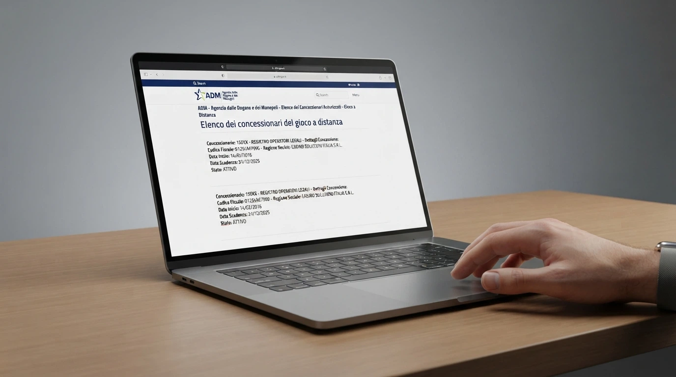 L'interfaccia del registro ufficiale ADM con l'elenco dei concessionari autorizzati al gioco a distanza, aperta su un browser