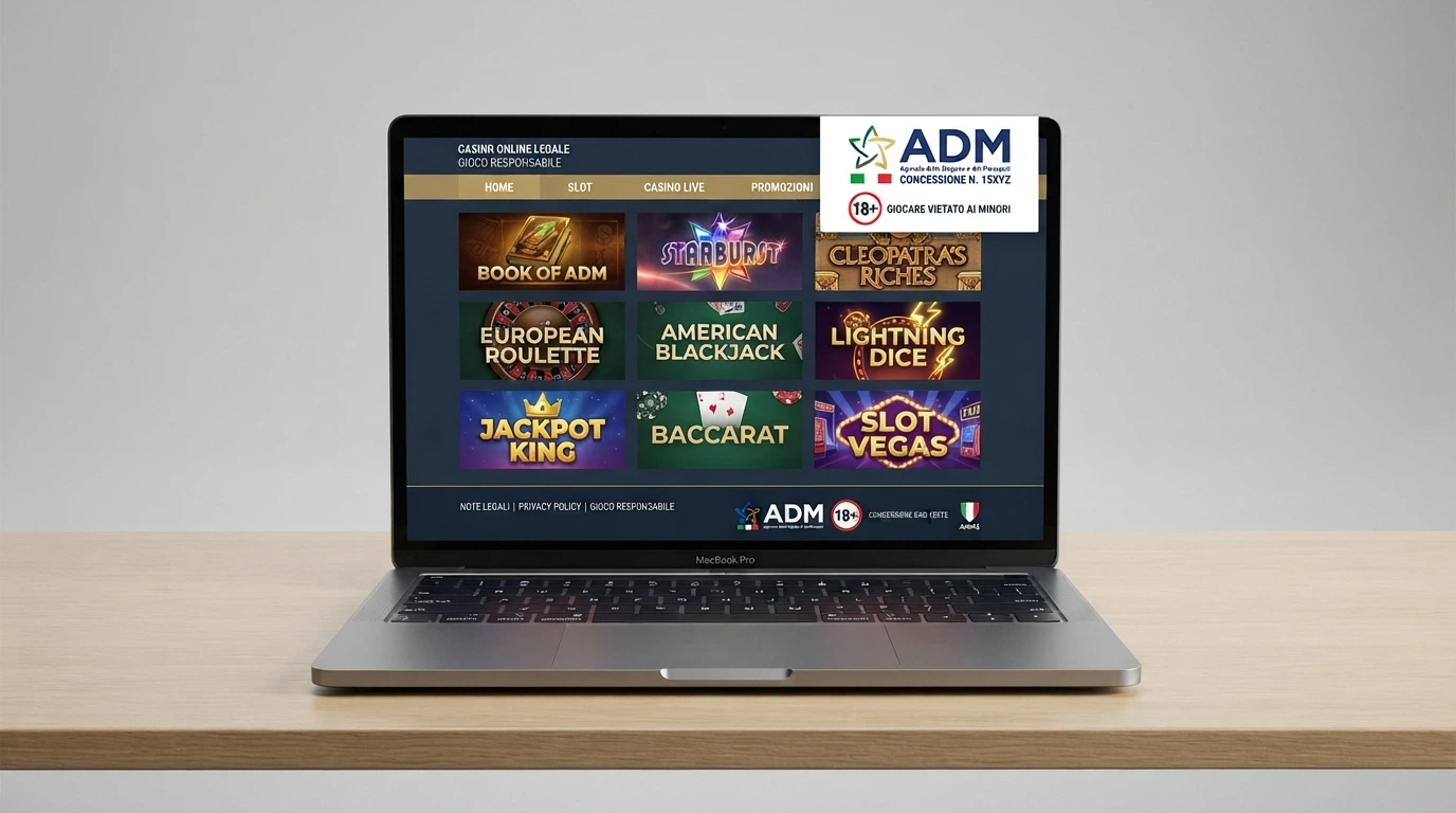 Il logo dell'Agenzia delle Dogane e dei Monopoli accanto a un badge di concessione ADM su un'interfaccia di casinò