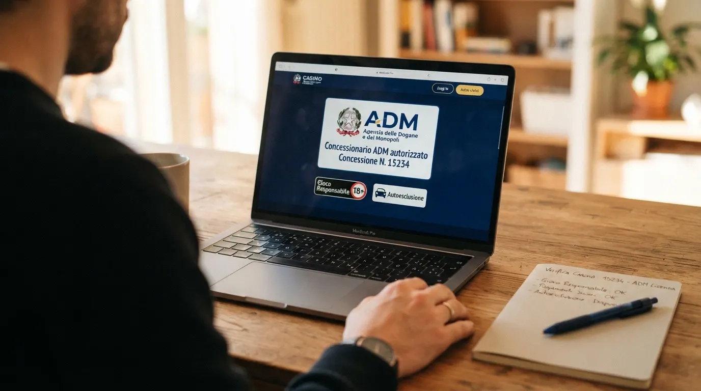 Particolare del footer di un casinò online con evidenziato il logo ADM, il codice GAD a cinque cifre e la dicitura di concessione, accanto allo schermo di un computer portatile aperto su una pagina di verifica