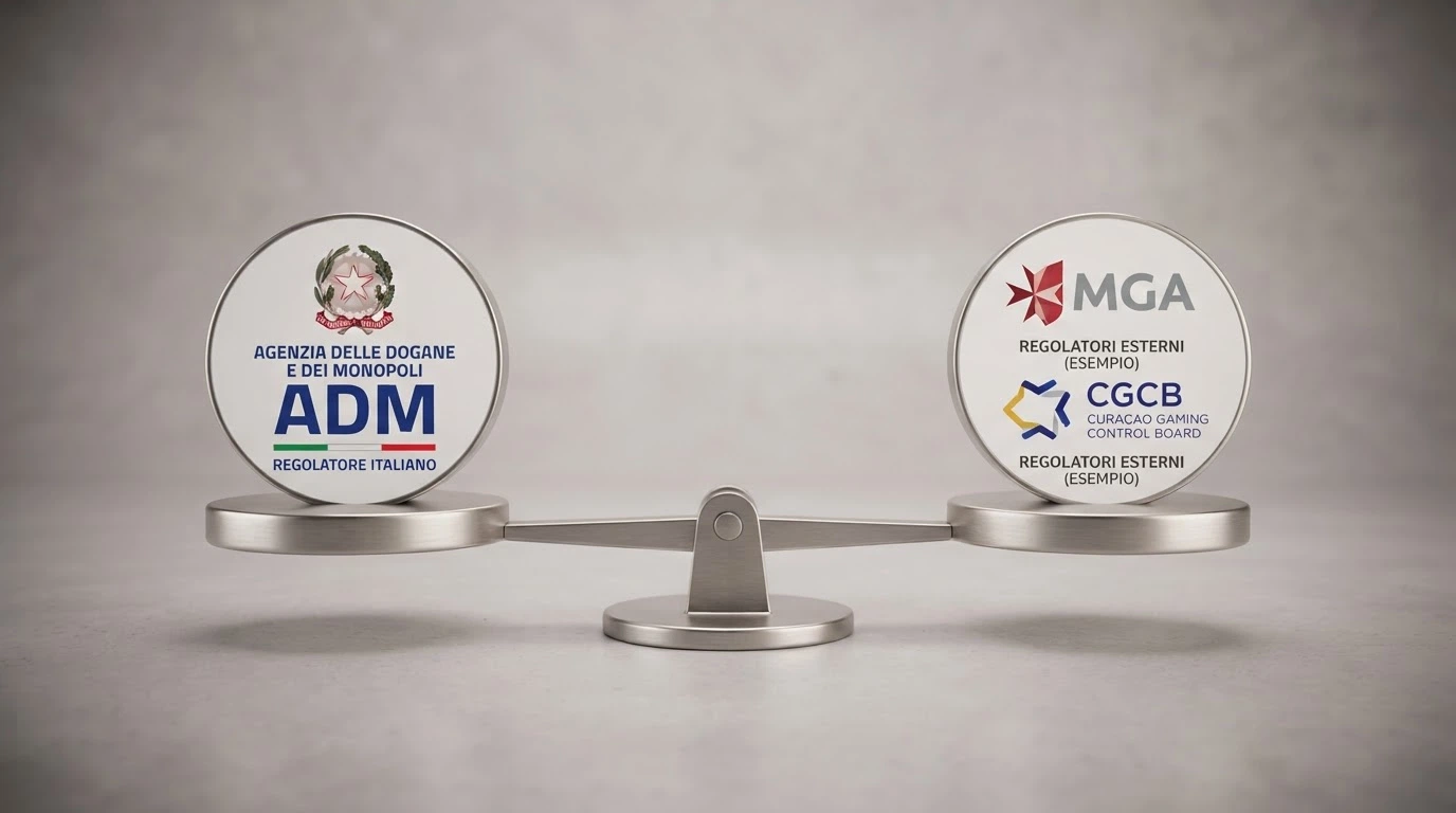 Un confronto visivo tra il logo ufficiale dell'Agenzia delle Dogane e dei Monopoli e i loghi delle autorità di licenza estere (MGA, Curaçao) con una bilancia al centro