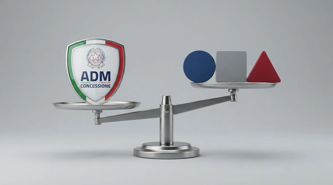 Un confronto visivo tra il bollino della concessione ADM e i loghi di tre autorità di licenza offshore (Curaçao, MGA, Anjouan), con una bilancia che pende verso il lato ADM