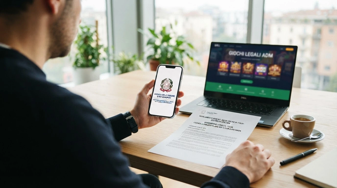 Il documento ufficiale di una concessione ADM accostato al logo di Binance Coin, con una linea di demarcazione visiva che separa lo spazio regolamentato italiano da quello offshore