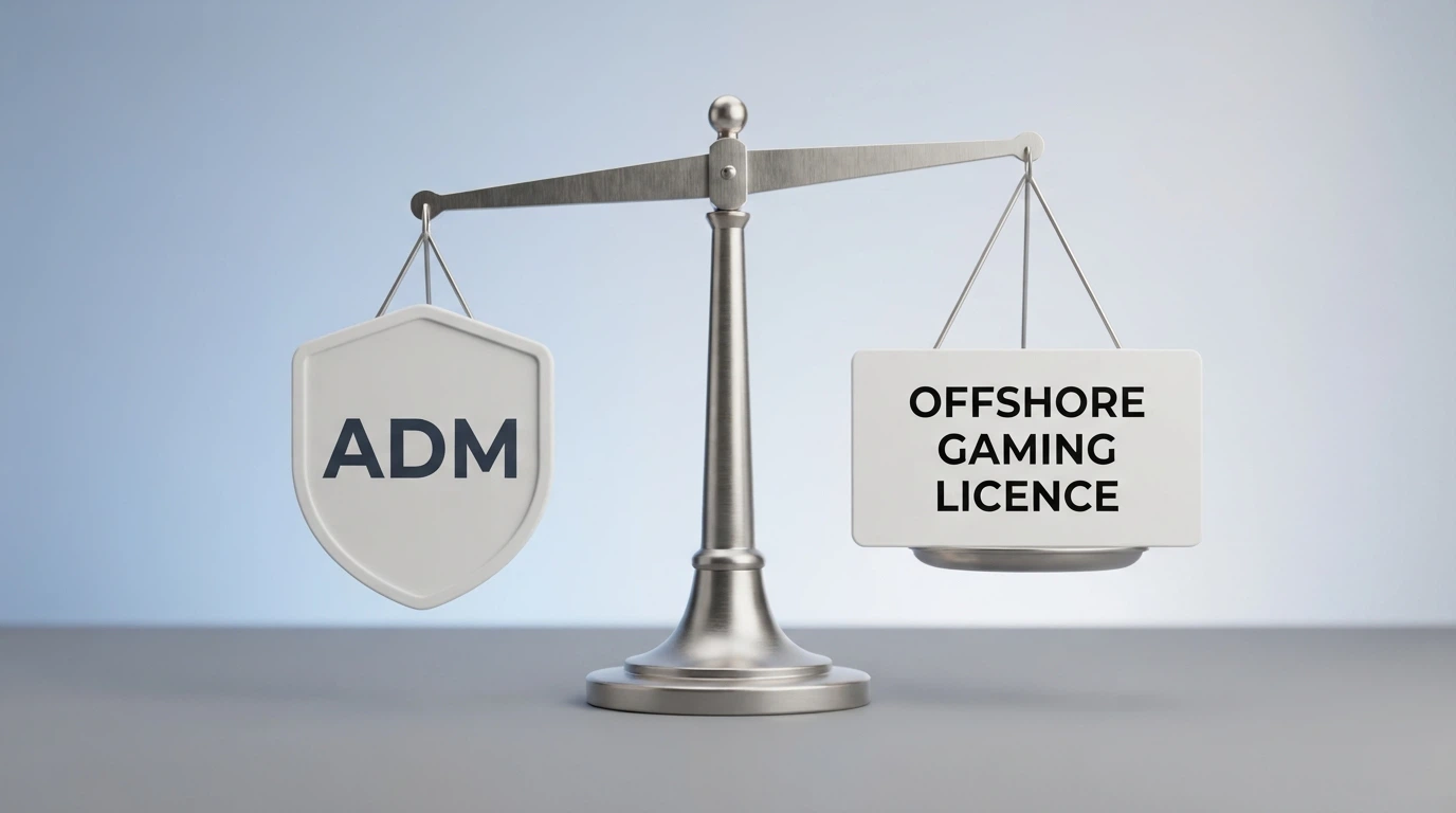 Un confronto visivo tra il logo ufficiale ADM/AAMS e il logo di una licenza offshore (Curaçao eGaming), affiancati con una bilancia che pende dal lato ADM