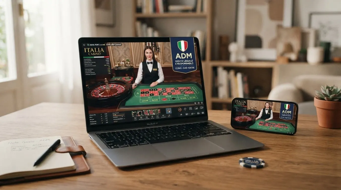 Logo ADM - Agenzia delle Dogane e dei Monopoli accanto alla ruota della roulette, su sfondo pulito