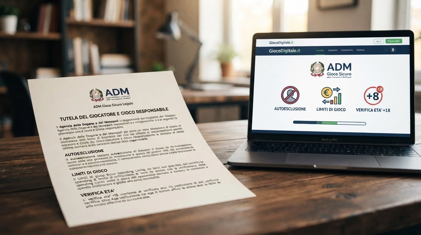 Il documento ufficiale di una concessione ADM in primo piano, con il logo dell'Agenzia delle Dogane e dei Monopoli e un timbro «2025», affiancato da uno schermo che mostra i simboli di autoesclusione e limiti di gioco