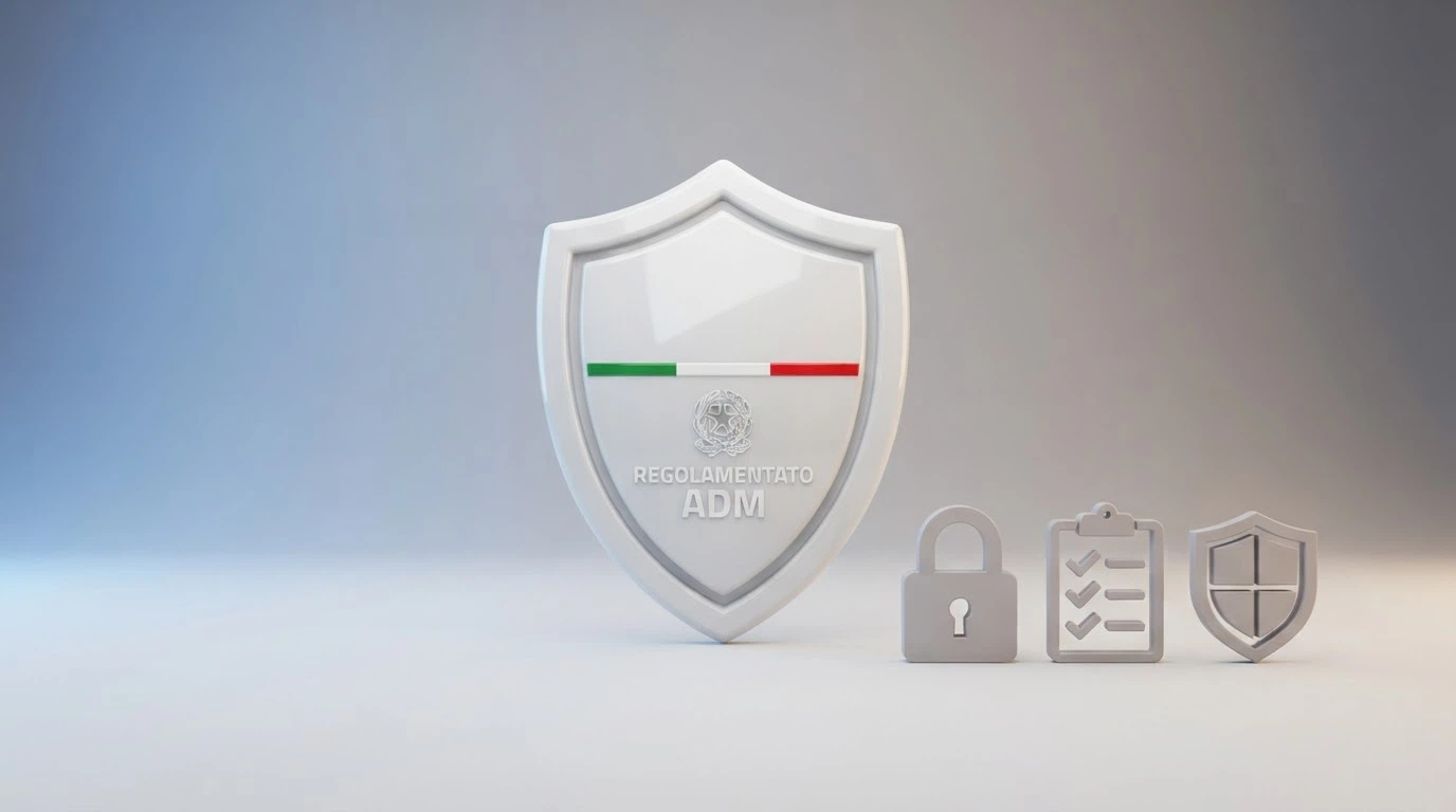 Il logo dell'Agenzia delle Dogane e dei Monopoli affiancato alle icone delle tutele del giocatore: un lucchetto per la sicurezza, una lista per l'autoesclusione, uno scudo per la protezione dei dati