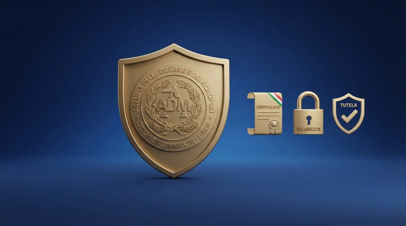 Logo ufficiale dell'Agenzia delle Dogane e dei Monopoli accanto alle icone delle tutele del giocatore: scudo, documento verificato, lucchetto