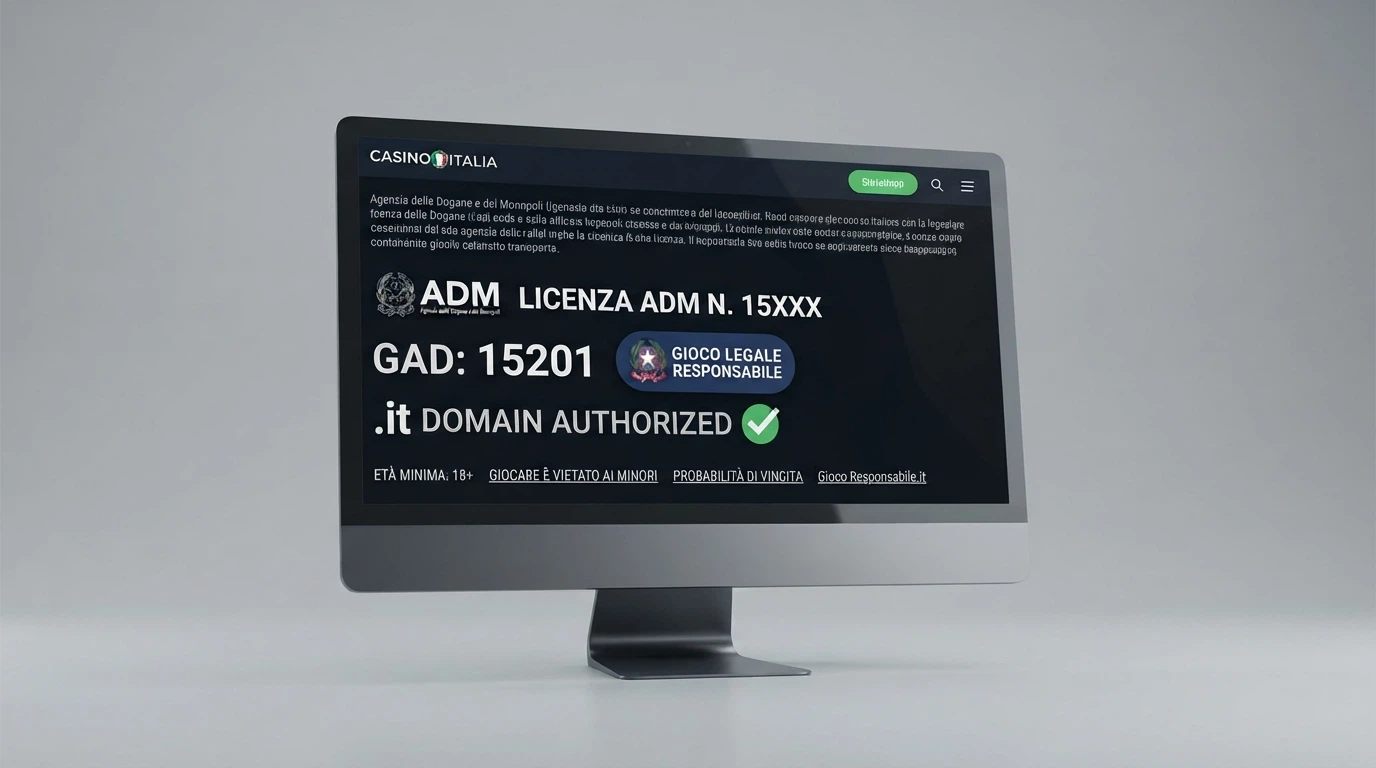 Il footer di un sito di casinò online su desktop con evidenziato il logo ADM e il codice GAD a cinque cifre, accanto alla spunta verde di un dominio .it