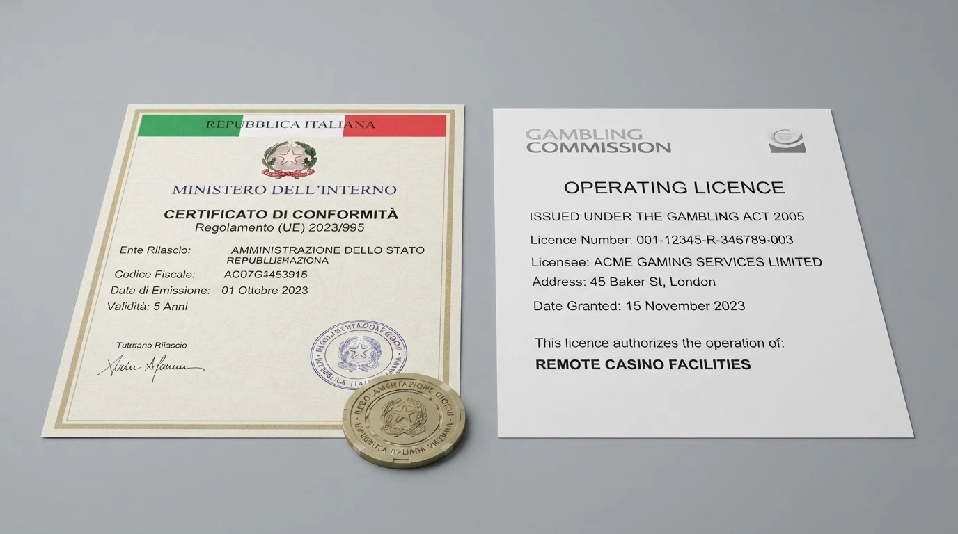 Un documento ufficiale con timbro accanto allo schermo di un casinò online, a rappresentare il confronto tra concessione statale e licenza offshore