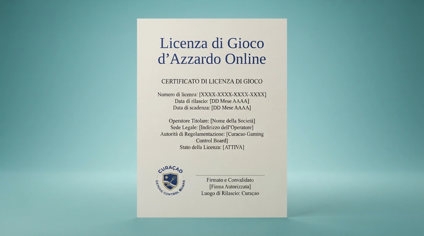 Il certificato di una licenza Curaçao esposto nel footer di un casinò online, affiancato dal logo della Curaçao Gaming Control Board