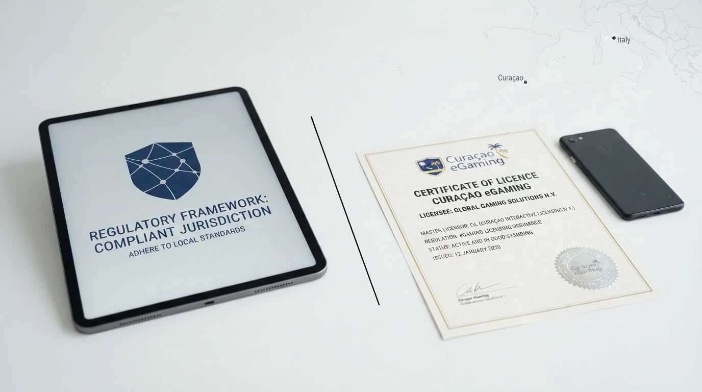 Un confronto visivo tra il logo dell'ADM e il certificato di una licenza Curaçao eGaming, con una mappa che collega Curaçao all'Italia