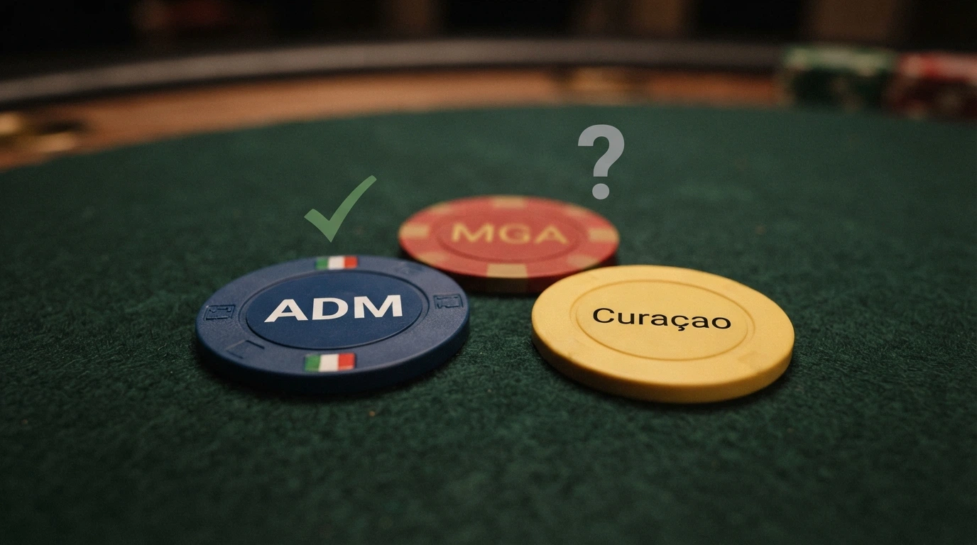 Tre loghi affiancati: ADM (Agenzia delle Dogane e dei Monopoli), MGA (Malta Gaming Authority), Curaçao eGaming, con un segno di spunta verde su ADM e un punto interrogativo sugli altri due