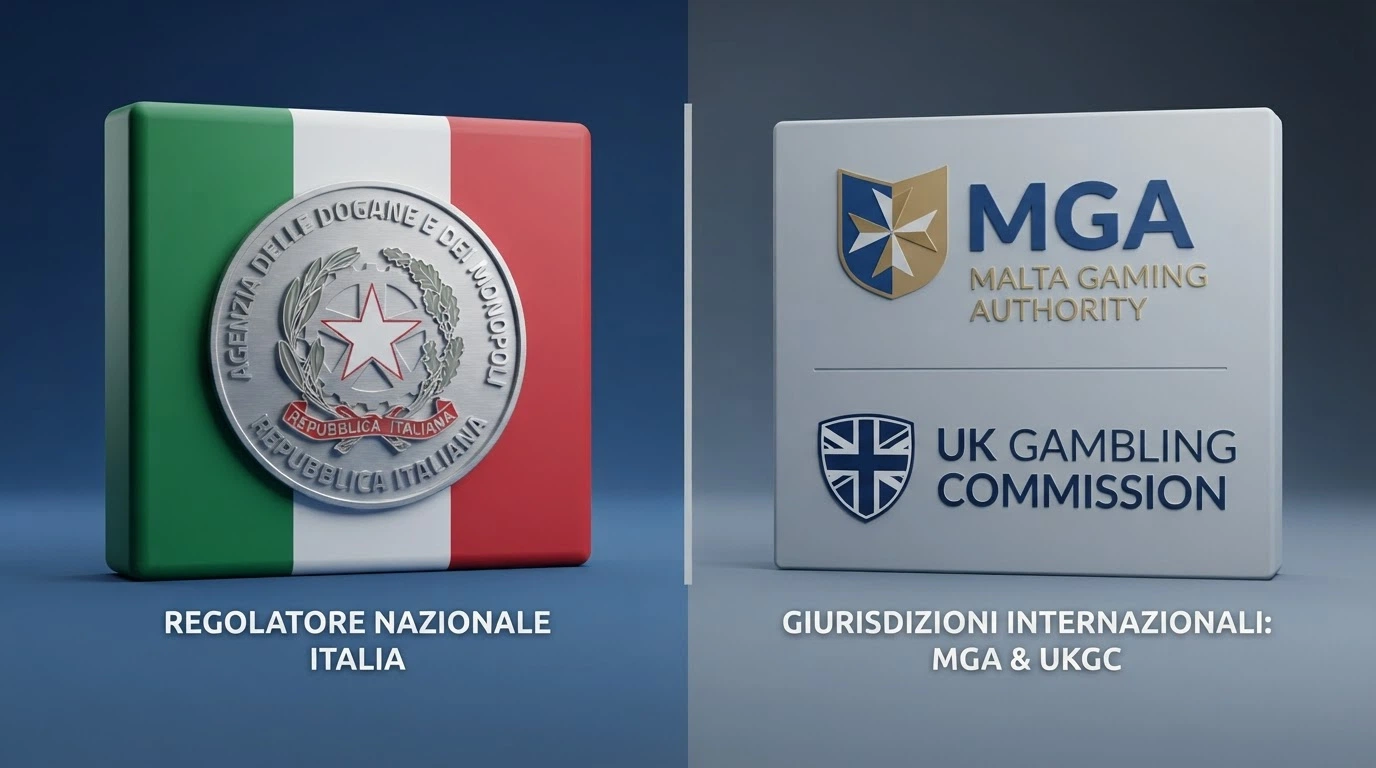 Un confronto visivo tra il logo ufficiale ADM/Agenzia delle Dogane e dei Monopoli e i loghi delle giurisdizioni internazionali (Curaçao, MGA)
