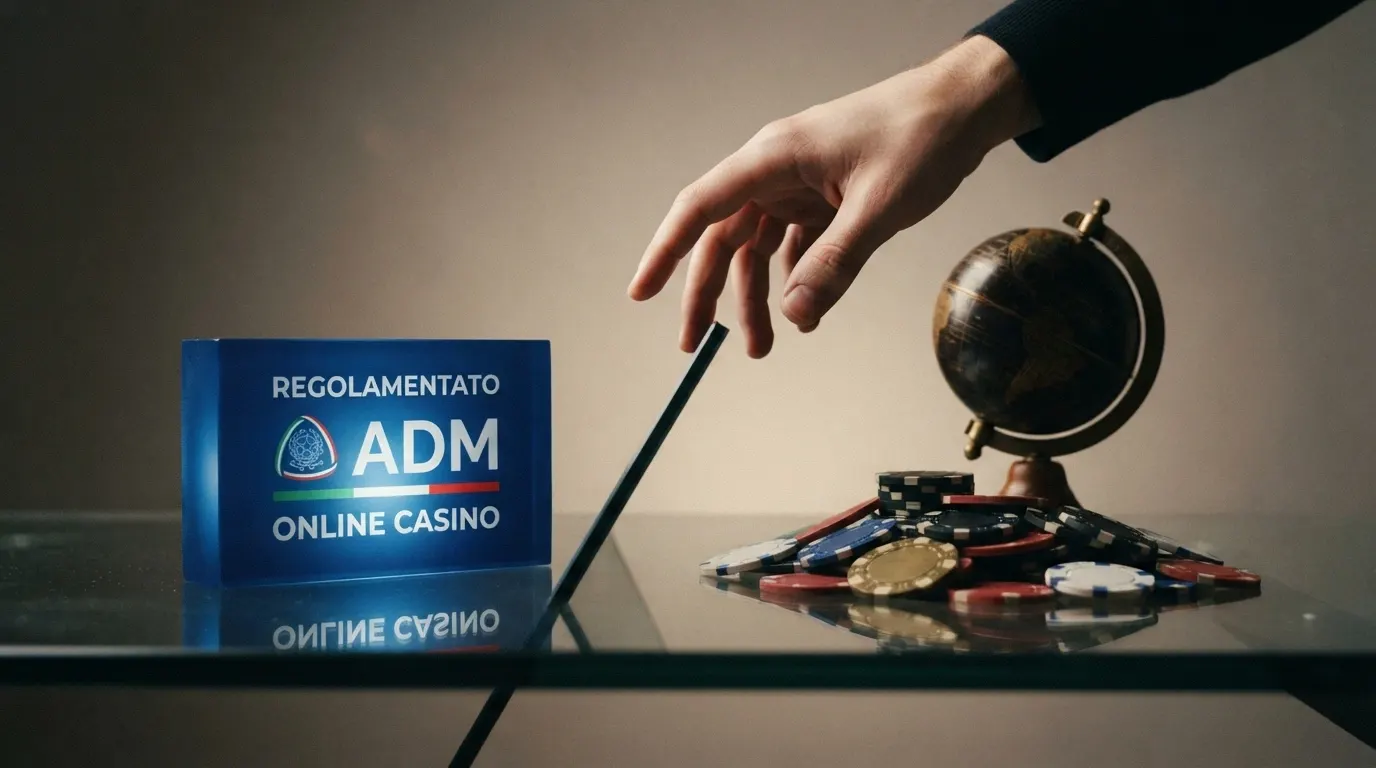 Due colonne affiancate: a sinistra il logo ADM con la bandiera italiana, a destra un globo con la scritta «offshore»