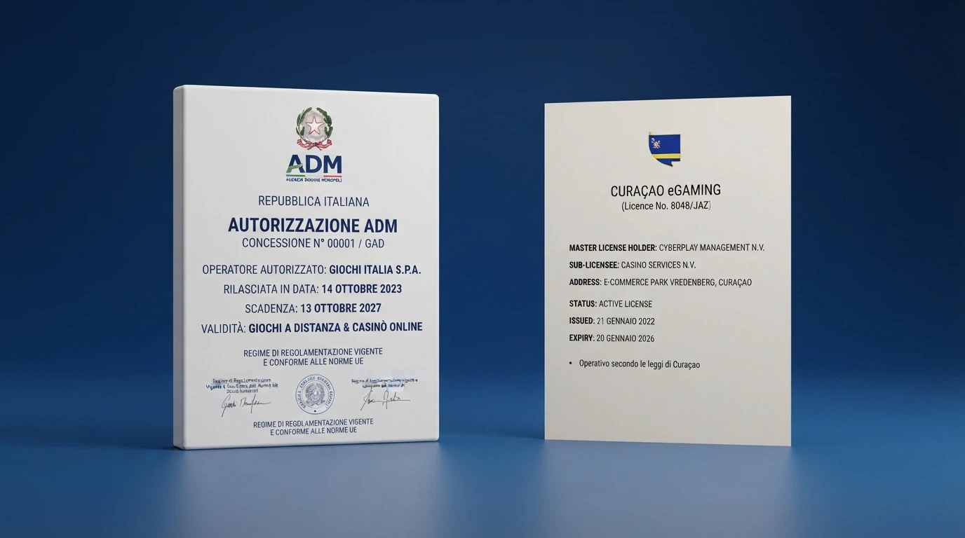 Confronto visivo tra una concessione ADM italiana e una licenza Curaçao eGaming