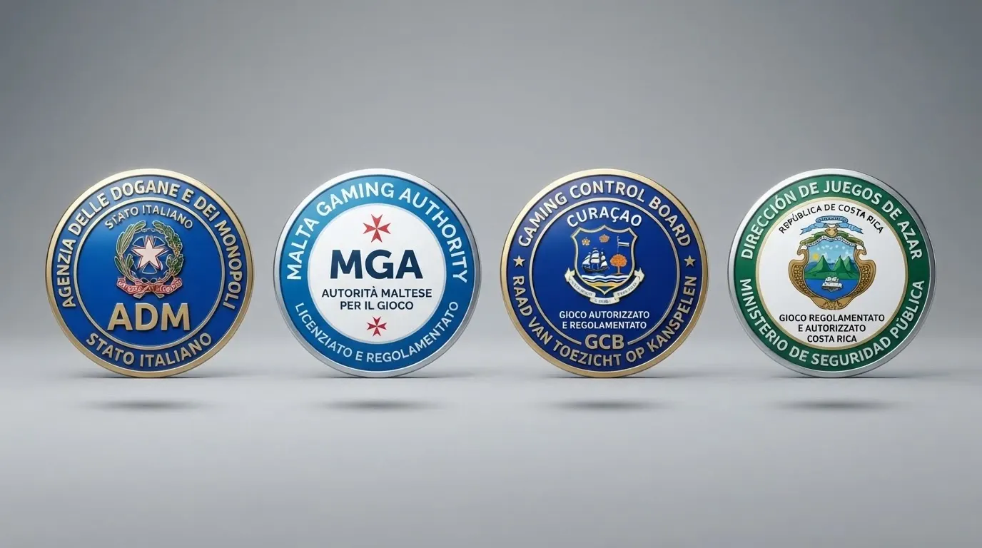 Un confronto visivo tra i sigilli ufficiali delle autorità di licenza: ADM, MGA, Curaçao Gaming Control Board e Costa Rica, affiancati per dimensione e riconoscibilità.