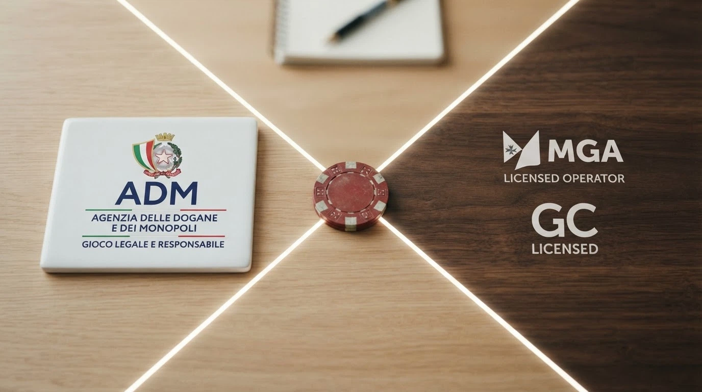 Un confronto visivo tra il logo ADM e i loghi delle licenze offshore (Curaçao eGaming, MGA) affiancati, su sfondo diviso in due colori