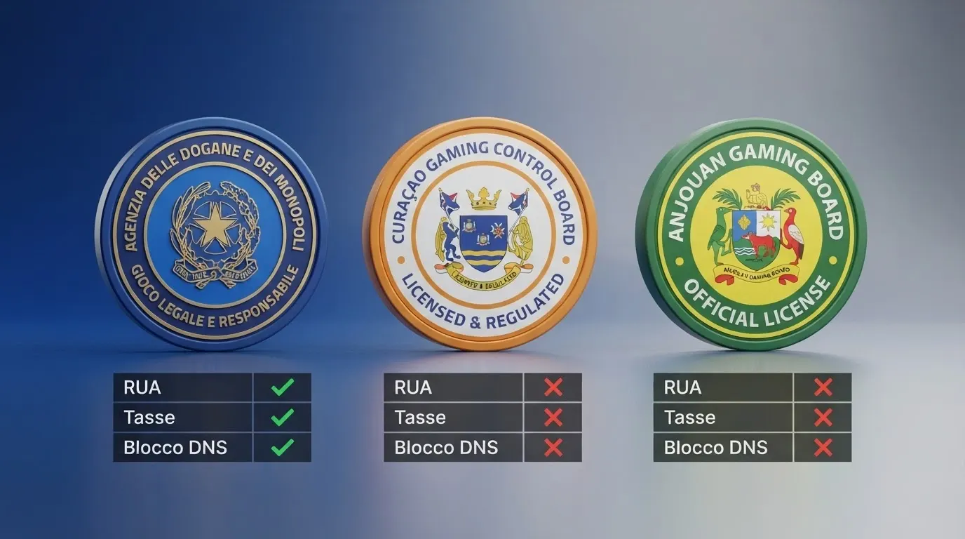 Tre sigilli di licenza affiancati — ADM, Curaçao, Anjouan — con sotto le voci «RUA», «Tasse», «Blocco DNS» e una spunta o una croce per ciascuna giurisdizione