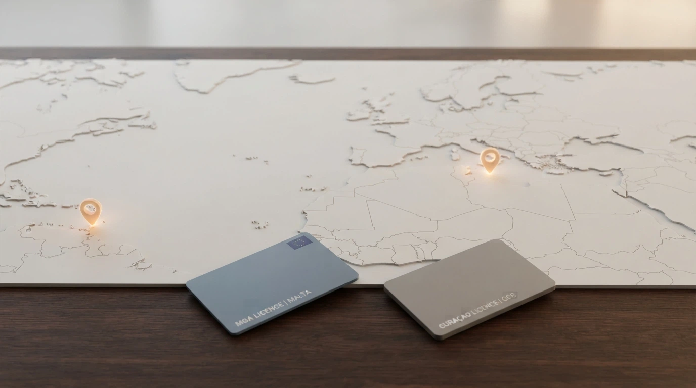 Mappa dell'Europa con evidenziate Malta e l'isola di Curaçao, sedi delle principali autorità di licenza per i casinò non AAMS