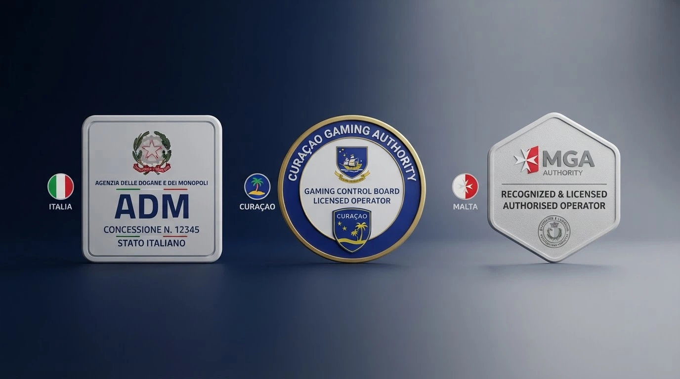 Un confronto visivo tra i sigilli di tre autorità: ADM (Agenzia delle Dogane e dei Monopoli), Curaçao Gaming Authority e Malta Gaming Authority, con l'indicazione delle tutele offerte da ciascuna