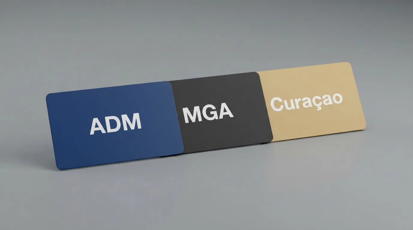 Un confronto visivo tra il logo ADM e i loghi delle licenze offshore (Curaçao, MGA) affiancati