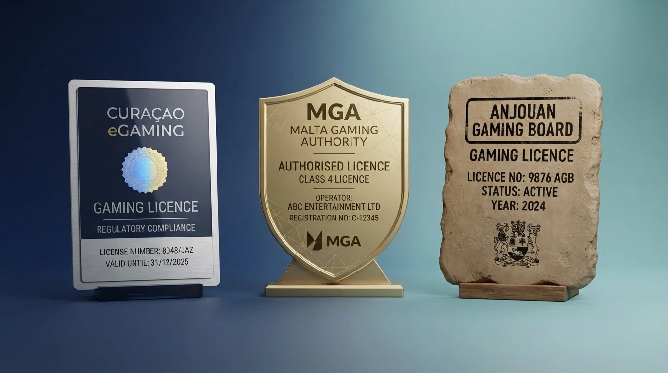 Tre certificati di licenza stilizzati affiancati — Curaçao eGaming, Malta Gaming Authority e Anjouan — con timbri e sigilli diversi a rappresentare livelli di protezione disuguali per il giocatore italiano.
