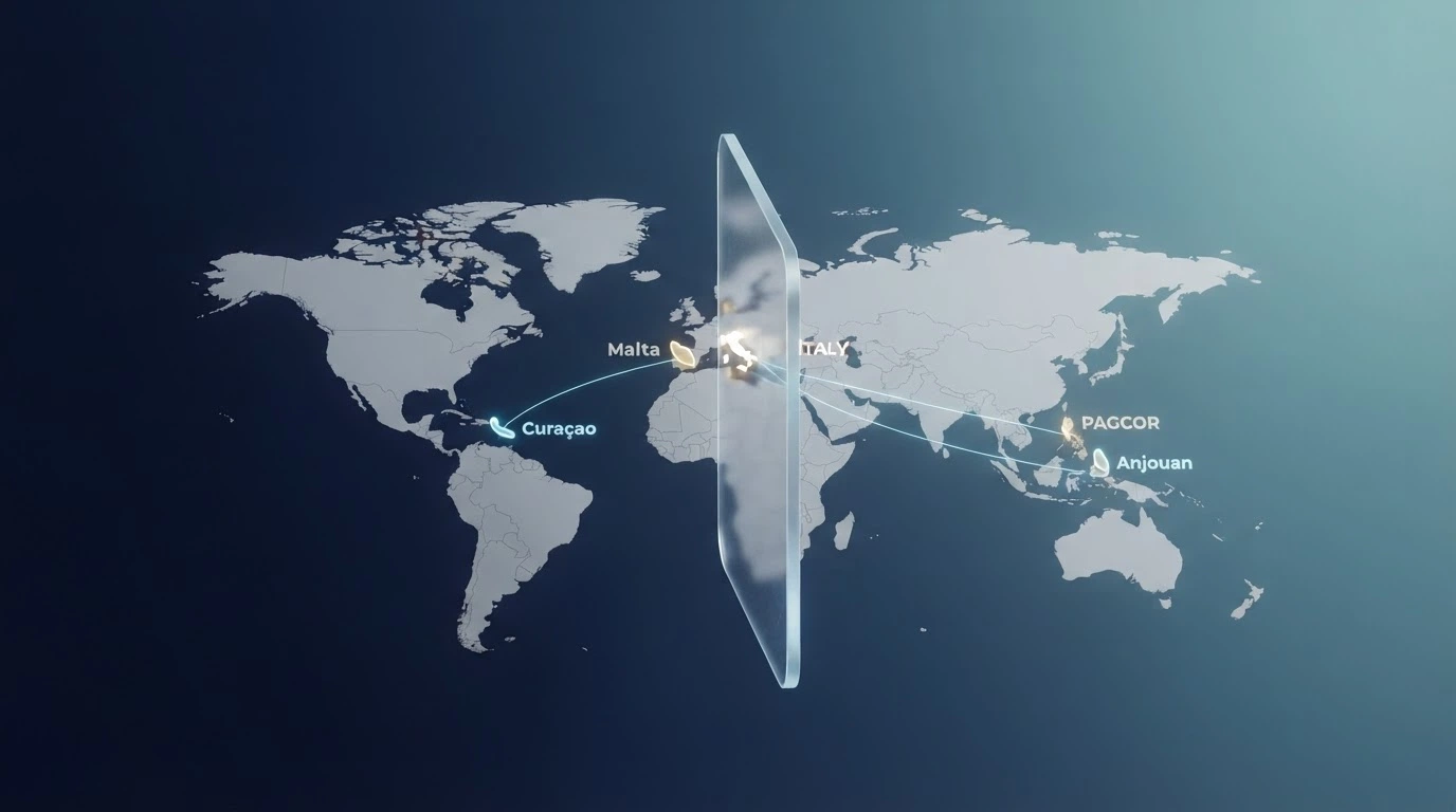 Una mappa concettuale che collega le principali giurisdizioni di licenza (Curaçao, Malta, PAGCOR, Anjouan) all'Italia, con una barriera visiva che rappresenta l'assenza di riconoscimento legale