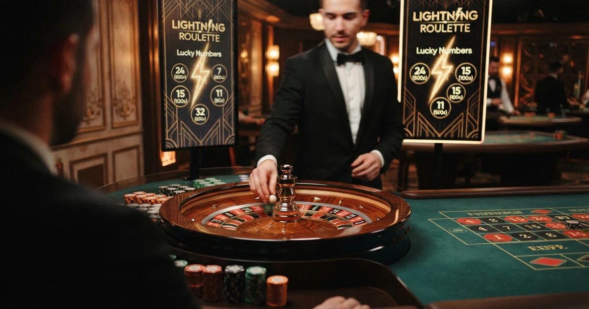 Un tavolo di Lightning Roulette in uno studio Evolution con croupier dal vivo e i moltiplicatori Lightning visualizzati in sovrimpressione sullo schermo
